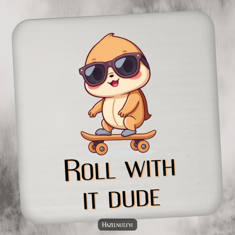 Funny hazelnut wearing sunglasses, riding a tiny skateboard, depicted on a functional drink coaster, offering protection with humor.