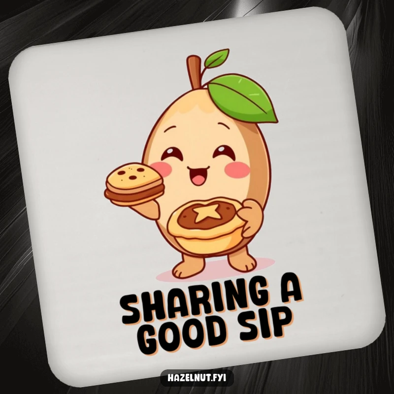 Funny hazelnut character offering a miniature pie with a warm smile on a drink coaster, adding heartwarming charm.
