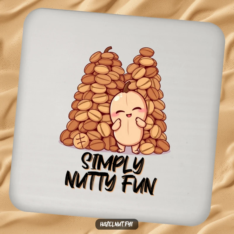 Funny drink coaster featuring a winking hazelnut striking a proud pose next to a towering pile of nuts, a cute and protective accessory.