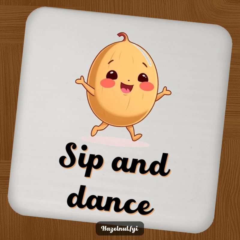 Funny drink coaster with a cheerful, round hazelnut doing a joyful dance, adding a fun and protective touch to tables.