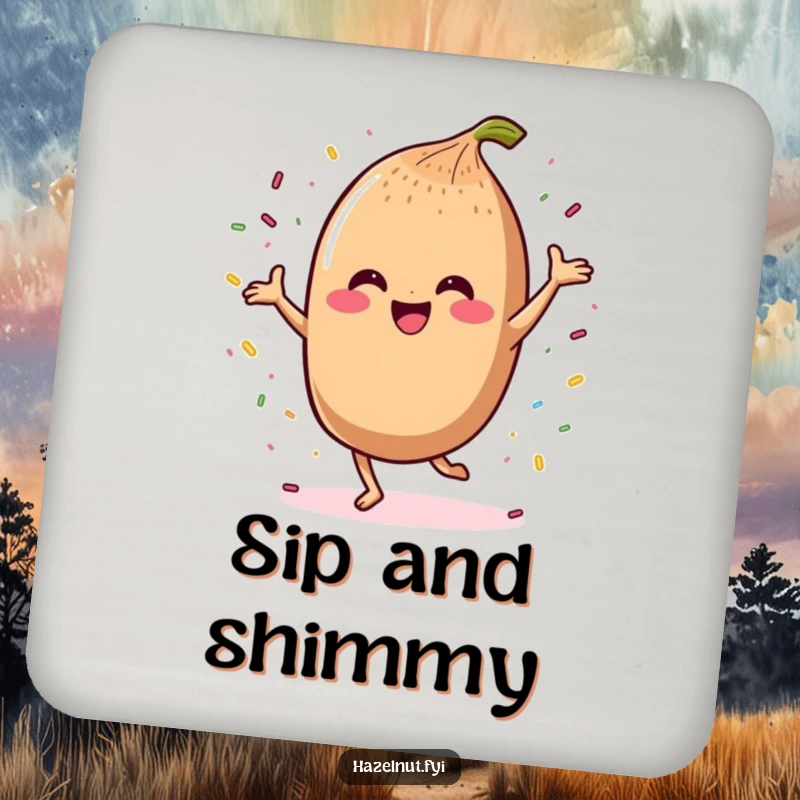 Funny drink coaster featuring a smiling kawaii hazelnut character dancing joyfully with sprinkles, a cheerful accessory.