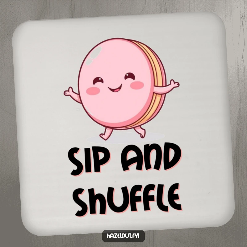 Funny coaster featuring a cheerful macaron doing a little shuffle, protecting surfaces with sweet style and charm.