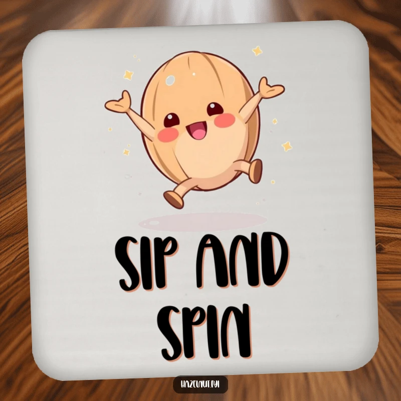 Funny hazelnut character doing a cartwheel with powdered sugar on a drink coaster, adding playful charm.