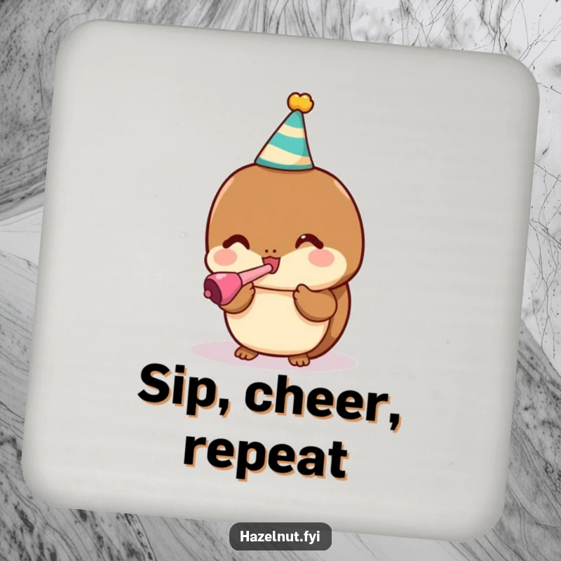 Funny drink coaster featuring a cute kawaii hazelnut in a party hat, blowing a noisemaker with glee.