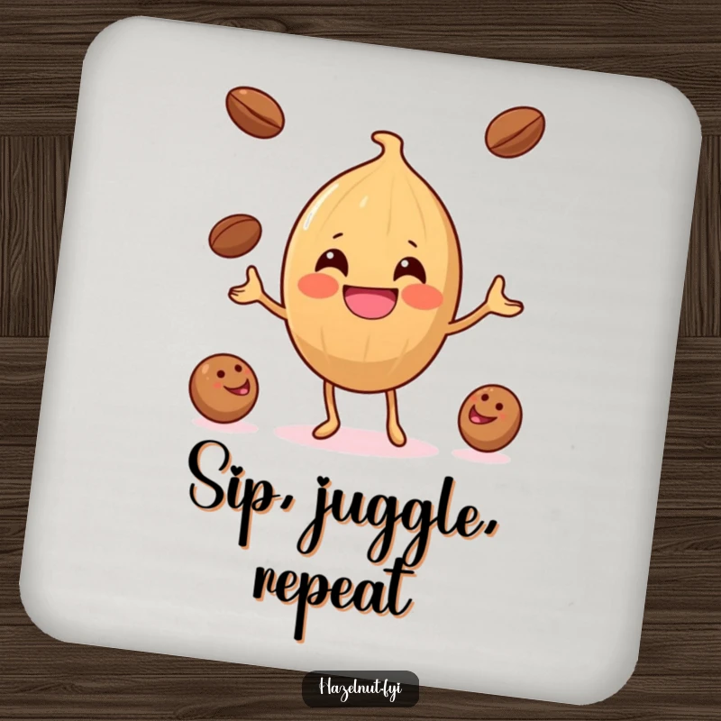 Funny Hazelnut Coffee Bean Juggler Coaster: A smiling hazelnut juggles coffee beans, ideal for a humorous tabletop.