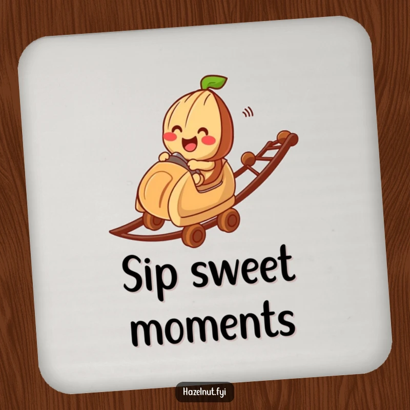 Funny hazelnut character on a chocolate bit roller coaster, depicted on a drink coaster, offering surface protection with humor for gifts.
