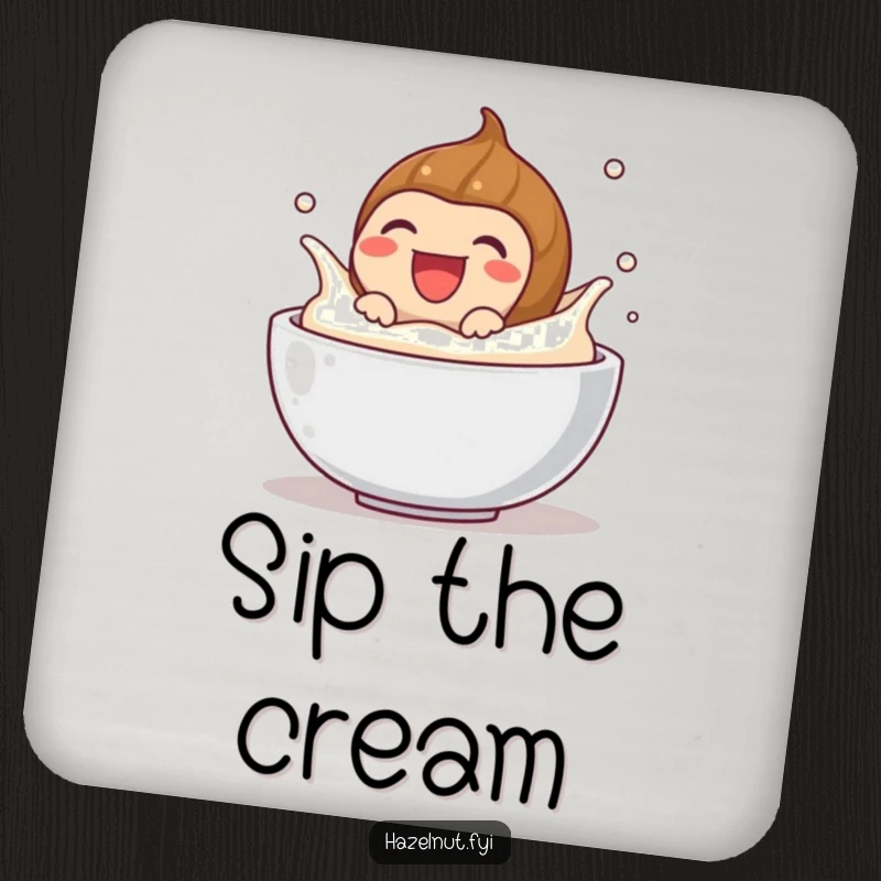 Funny coasters featuring a laughing hazelnut splashing in cream, protecting surfaces with a humorous and joyful design.