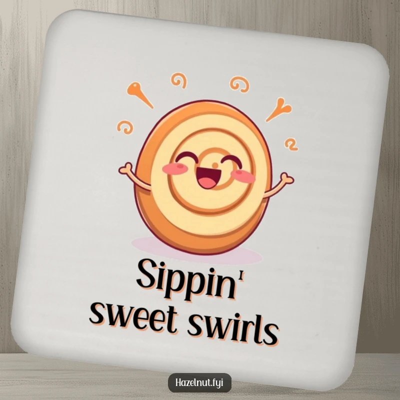 Funny coaster featuring an excited cinnamon roll with joyful wiggling swirls, protecting surfaces with sweet charm.