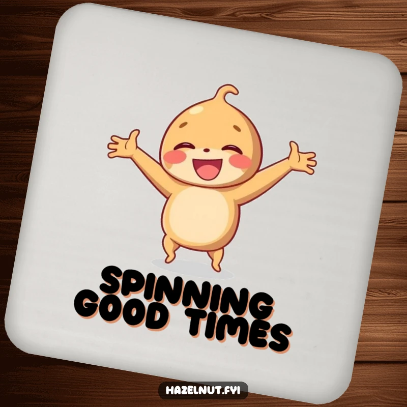 Funny drink coaster with a laughing hazelnut doing a cartwheel with arms outstretched, for stylish surface protection.