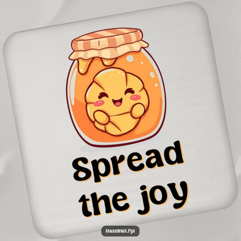 Funny drink coaster featuring a smiling croissant peeking out from a giant jam jar, a cute and protective accessory.
