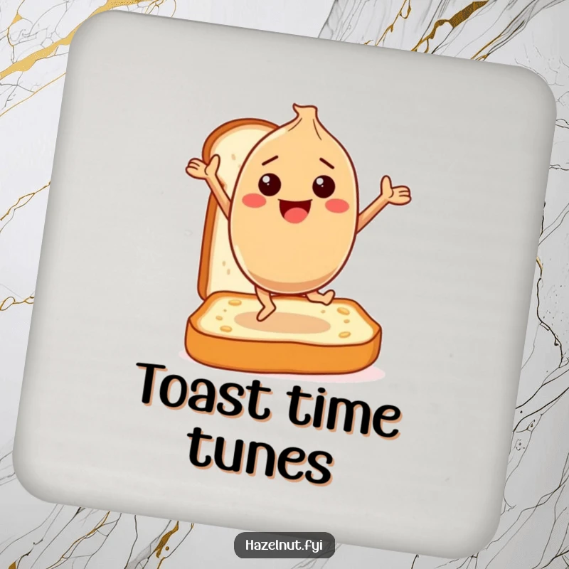 Funny Drink Coaster: A happy hazelnut character dances gleefully on a slice of toast, adding a fun and nutty breakfast accent.