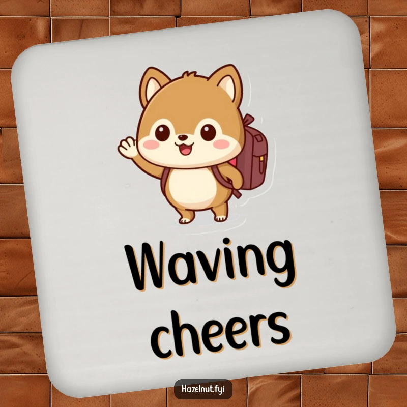 Funny hazelnut coasters with backpack, waving enthusiastically, adding hilarious protection to tables.