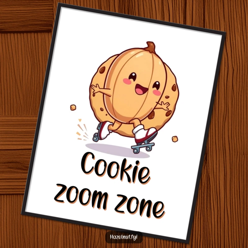 Funny poster of a hazelnut on roller skates zipping around a cookie, celebrating fun and speed, ideal for humorous wall decor.