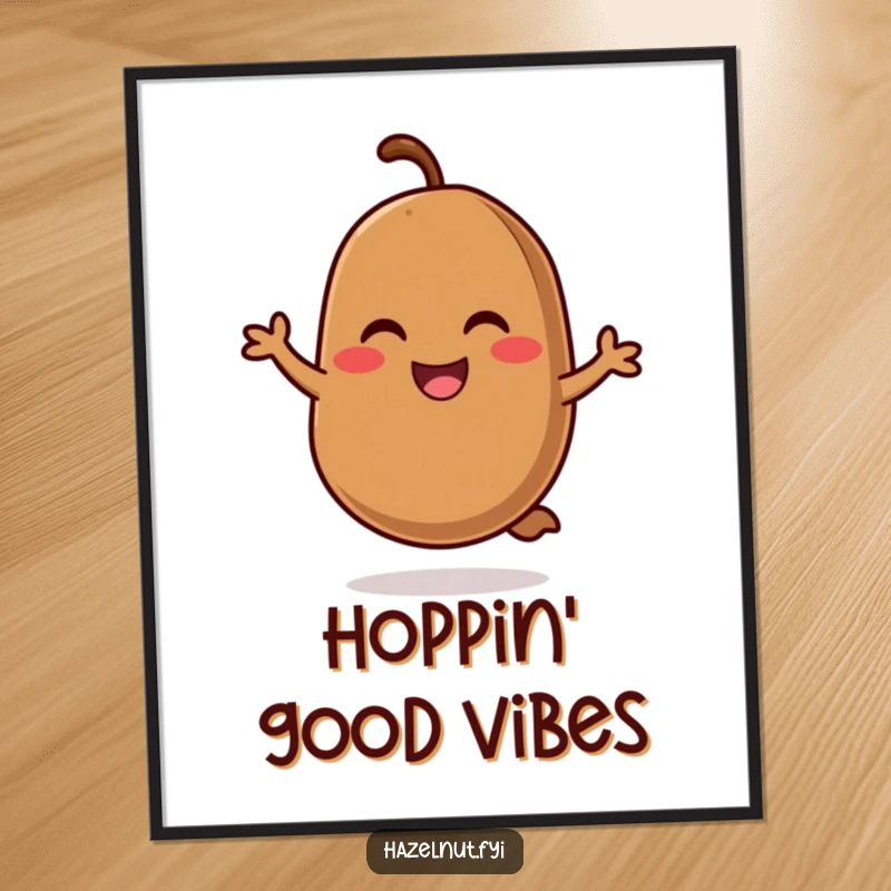 Funny poster of a smiling, rosy-cheeked coffee bean performing a cheerful hop, bringing energetic vibes to wall decor.