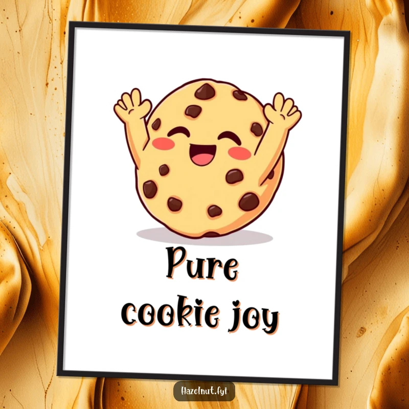 Funny poster of a giggling chocolate chip cookie joyfully raising its arms, adding a sweet, whimsical touch to decor.