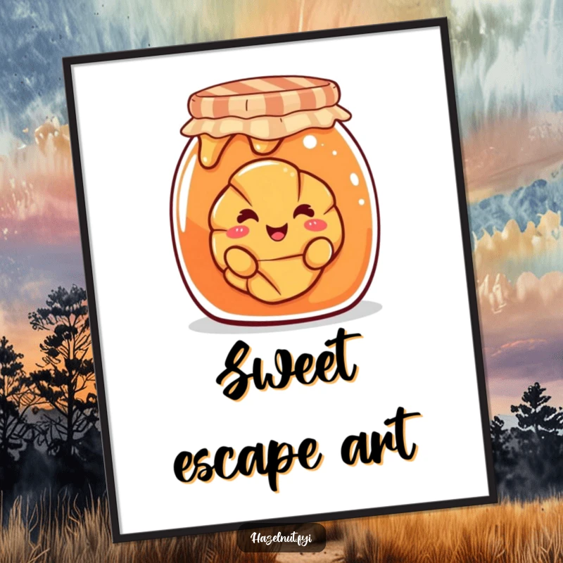 Funny poster art of a smiling croissant playfully peeking out from a large jam jar, a whimsical and charming illustration.