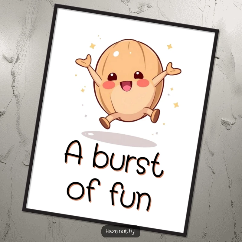 A playful hazelnut character doing a cartwheel with a dusting of powdered sugar, creating an energetic vibe on a poster.