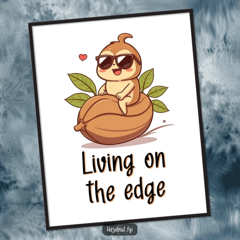 Funny hazelnut character in sunglasses riding a coffee bean, presented as vibrant, humorous wall art. Excellent funny gift.