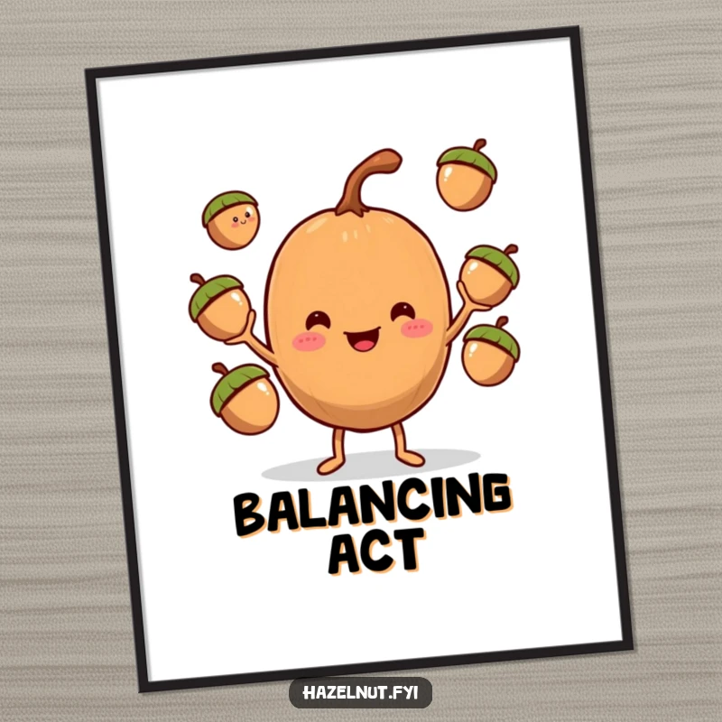 Funny Hazelnut Juggler Poster, a charming hazelnut character with tiny arms juggling three acorns with a smile.