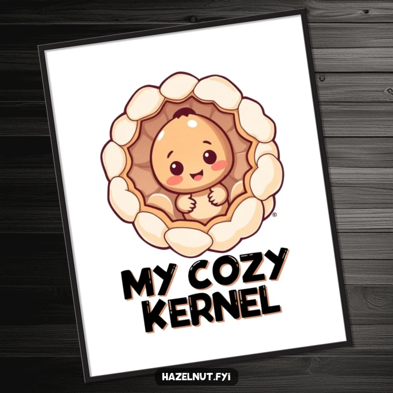Funny hazelnut character poster, peeking from inside a giant popcorn kernel, charming and humorous wall decor.