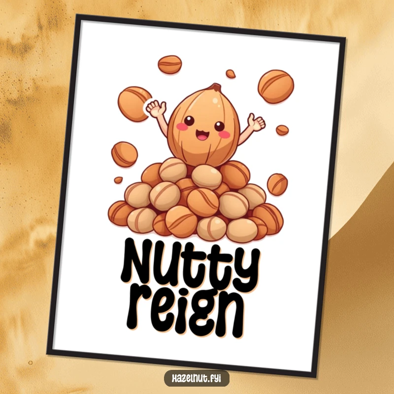 Funny Hazelnut Poster: a cheerful hazelnut with tiny arms waving from a mound of roasted nuts, a vibrant funny gift.