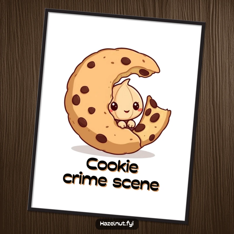 Funny poster of a mischievous hazelnut peeking from behind a huge, half-eaten cookie, perfect for kitchens or snack areas.