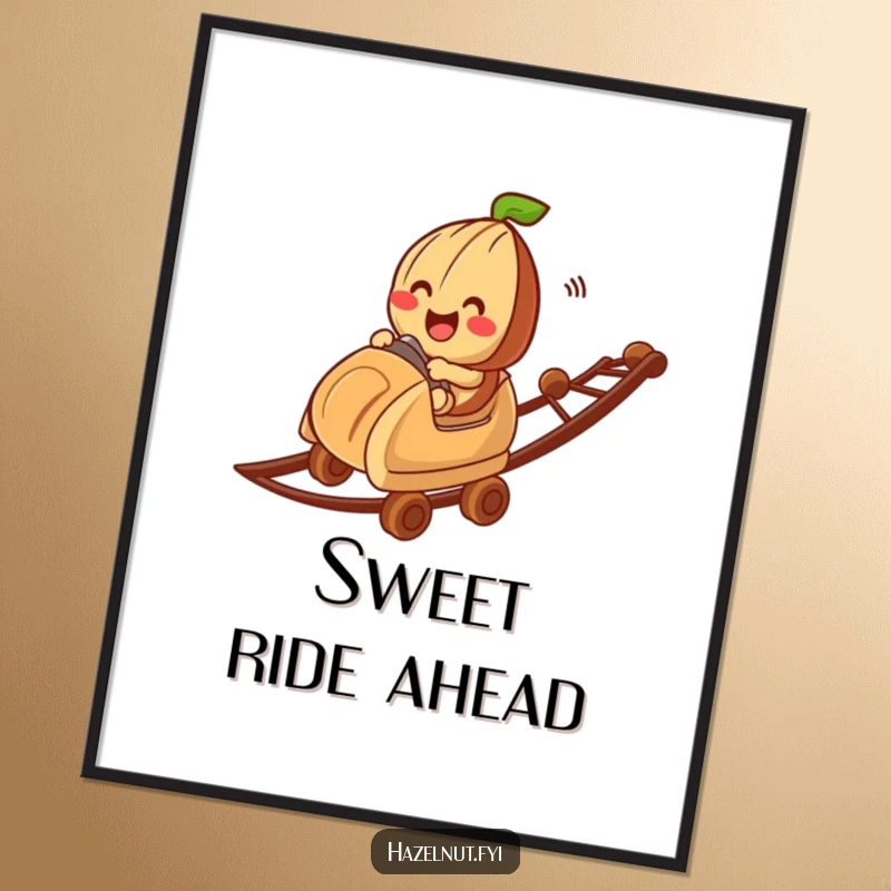 Funny hazelnut character enjoying a chocolate roller coaster ride, displayed as a colorful poster, a humorous art piece for gifts.