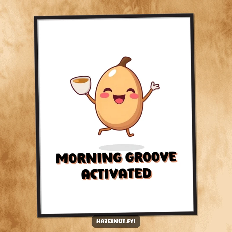 Smiling hazelnut with legs doing a joyful jig with a coffee cup, presented as a poster, enhancing decor with energetic humor.