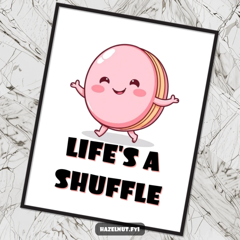Funny poster of a cheerful macaron with a wide smile doing a little shuffle, adding sweet, whimsical charm to wall decor.
