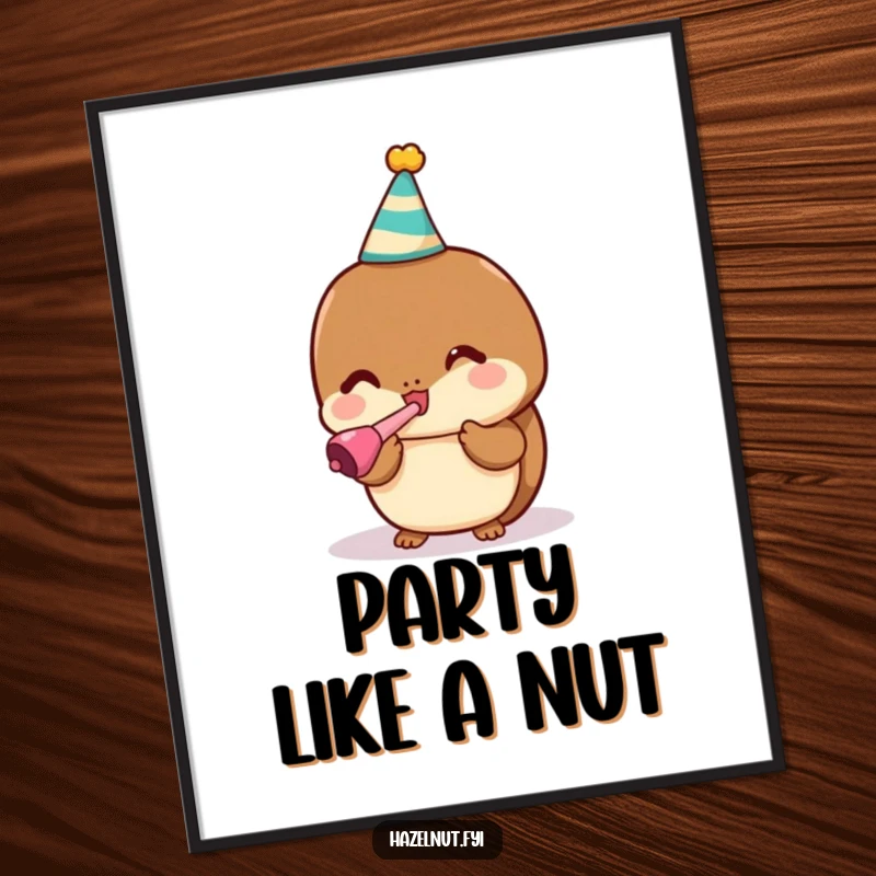 Funny poster of a cute kawaii hazelnut in a party hat blowing a noisemaker, perfect for festive decor.