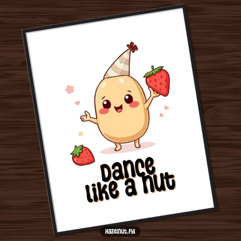 Funny hazelnut character poster, wearing a tiny party hat and boogying with a strawberry slice, cheerful and humorous wall decor.