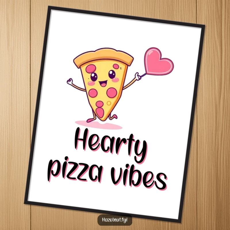 Funny poster art of a silly slice of pizza dancing happily with a flying candy heart, perfect for kitchens.