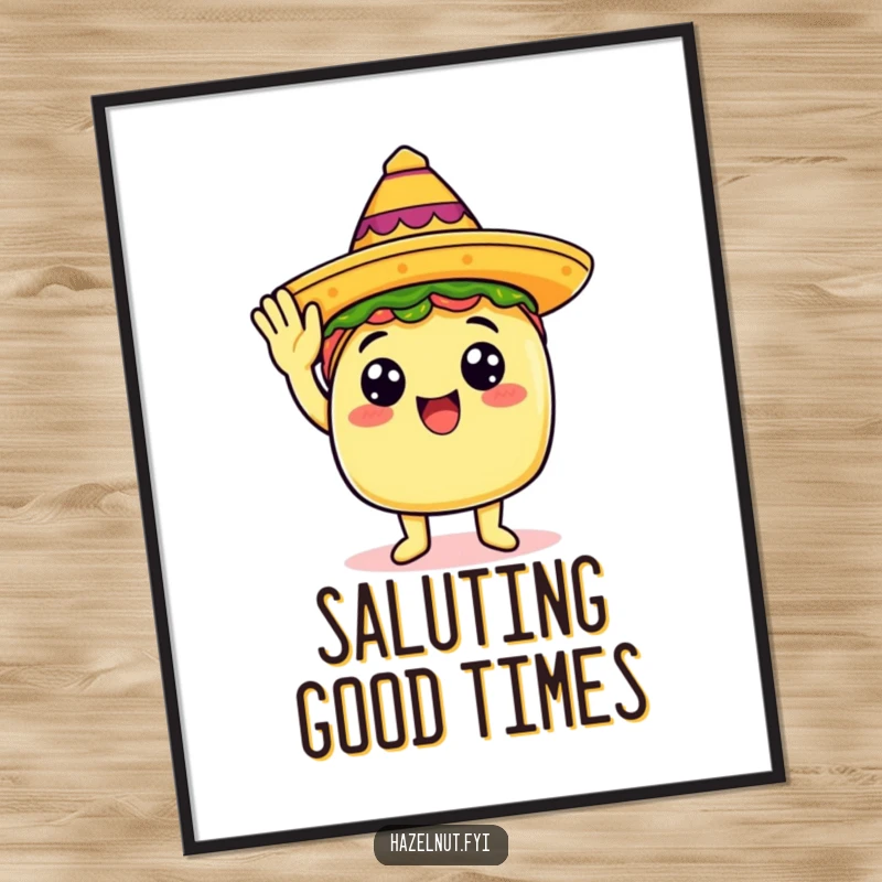 Funny poster art of a happy taco wearing a tiny sombrero and giving a salute, perfect for kitchens.