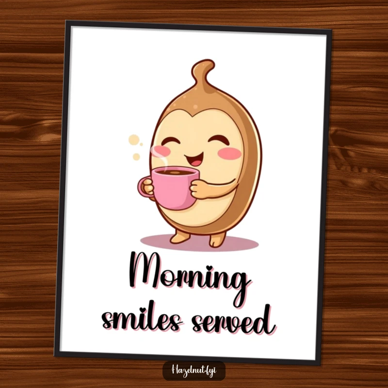Funny Winking Hazelnut Poster: A cheerful character winks while holding a tiny, steaming coffee cup, perfect for cheerful decor.