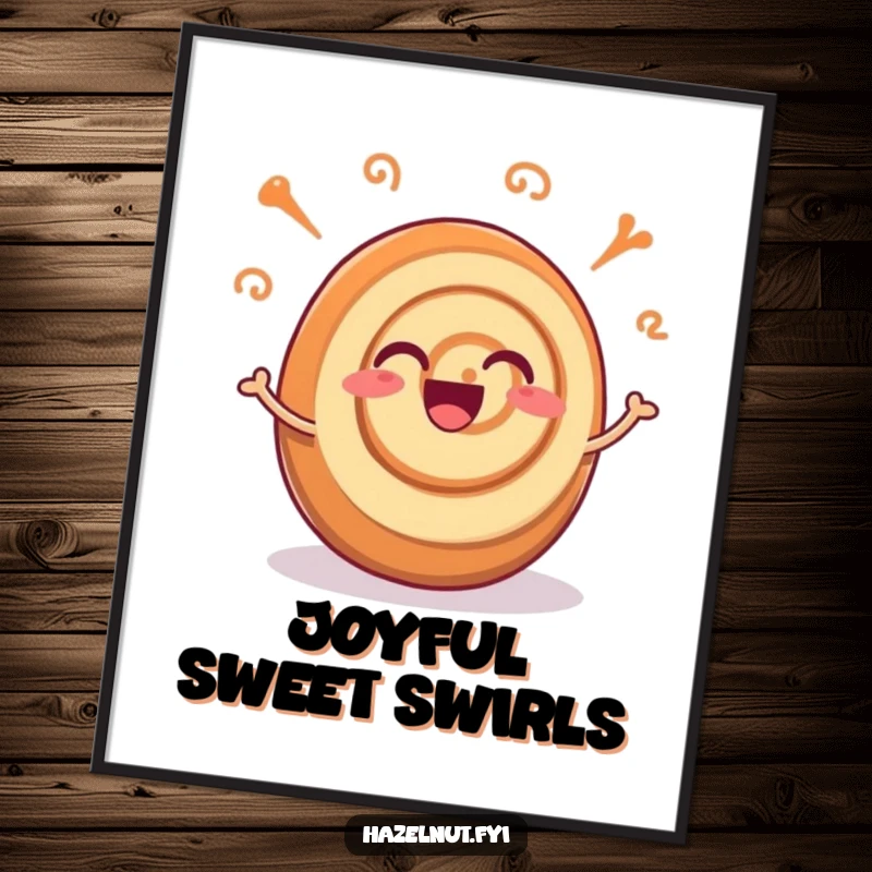 Funny poster featuring an excited cinnamon roll with joyful wiggling swirls, adding cozy and whimsical charm to wall decor.