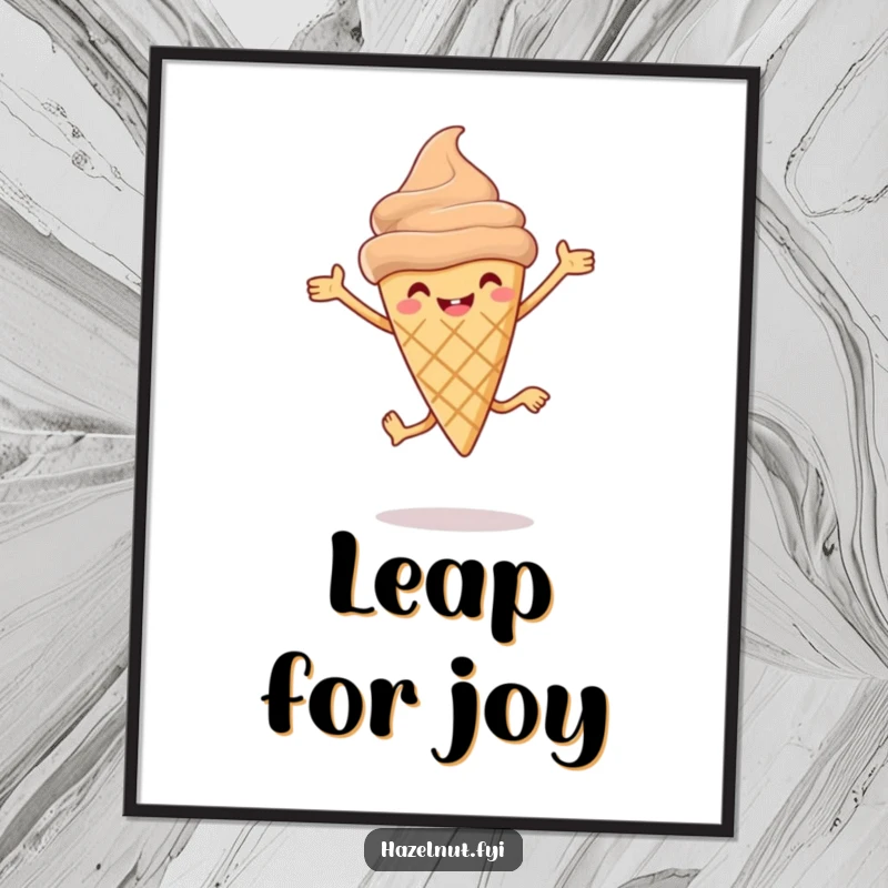 Funny Hazelnut ice cream cone poster showing a joyful leap, celebrating sweet, hilarious art for any room.