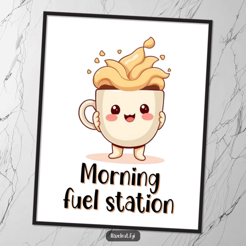 Funny Poster of a cheerful kawaii hazelnut character with a comically giant, overflowing coffee cup, bringing humor to any wall.