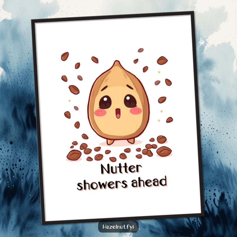 Funny Hazelnut Poster print: a surprised nut character with sparkling cacao nibs raining down, a humorous wall art funny gift.