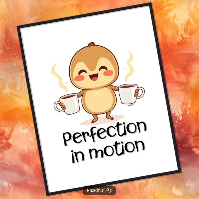 Funny Hazelnut Poster: A cheerful hazelnut gleefully juggles three steaming coffee cups, creating a humorous and vibrant wall art.