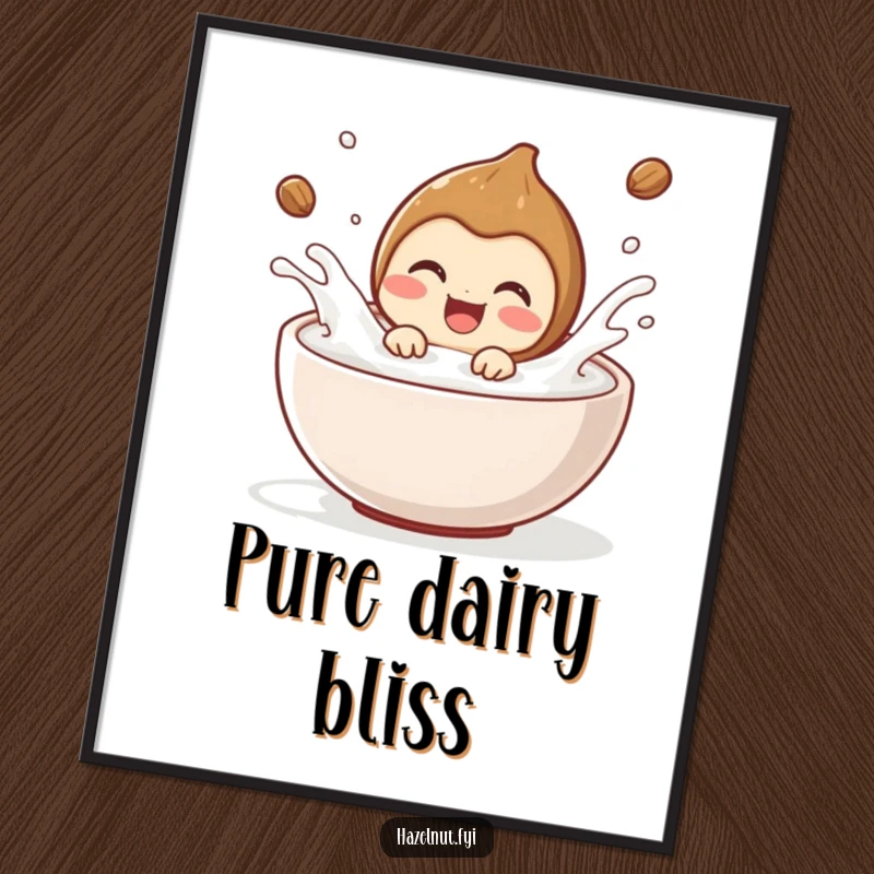 Funny hazelnut character delighted, splashing joyfully in milk, presented as vibrant, humorous wall art. Great funny gift.