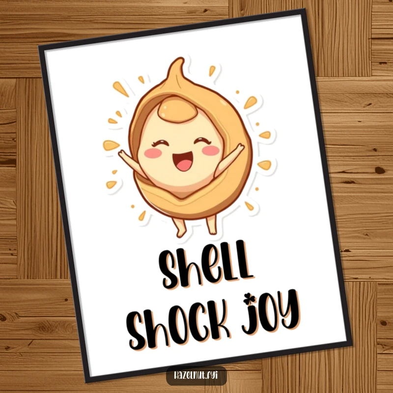 Funny poster print of a happy hazelnut character bursting from a stylized shell, conveying joy and humorous energy.