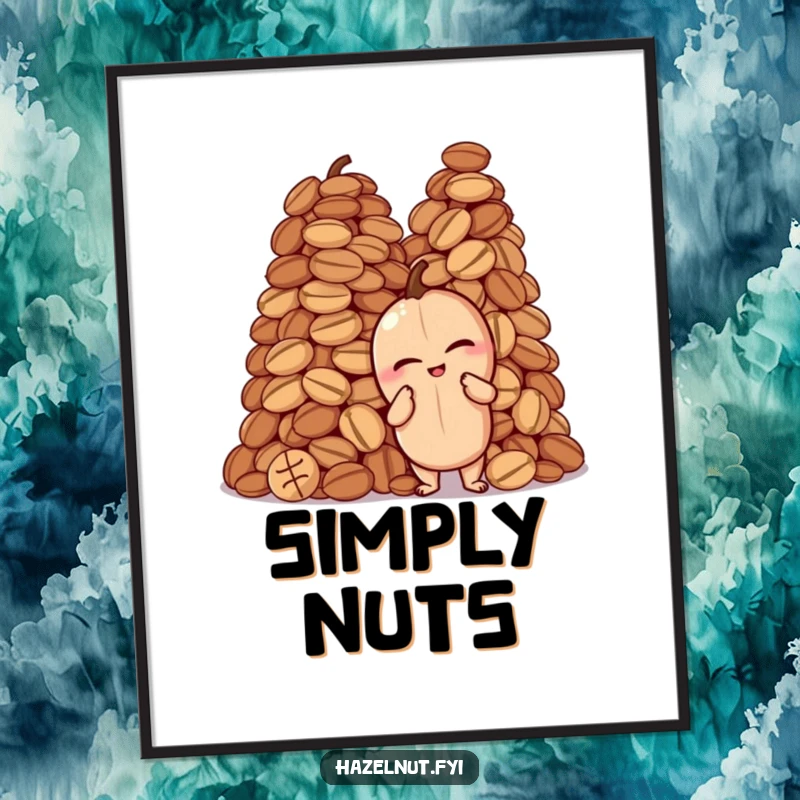 Funny poster art of a winking hazelnut striking a proud pose beside a huge pile of assorted nuts, a bold and humorous illustration.