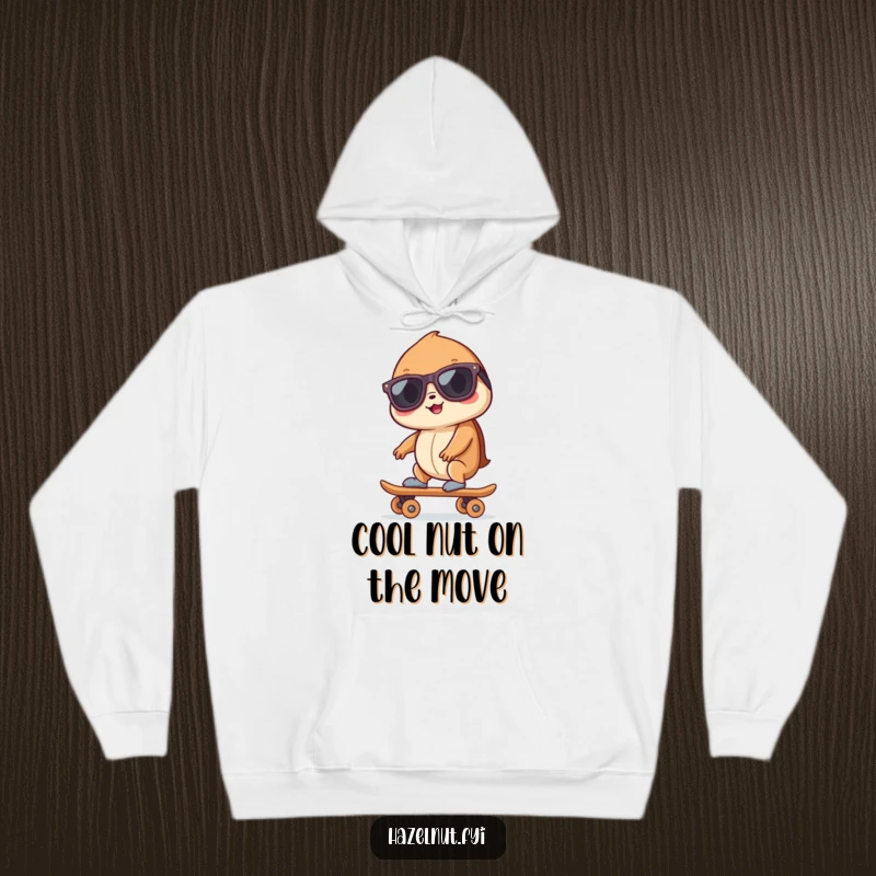 Funny hazelnut wearing sunglasses, riding a tiny skateboard, depicted in a cozy hoodie, perfect for casual wear.