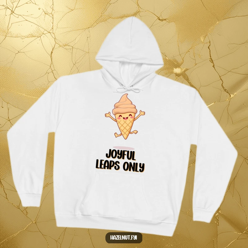 Funny Hazelnut ice cream cone hoodie with tiny legs in a joyful leap, offering warm, hilarious comfort.
