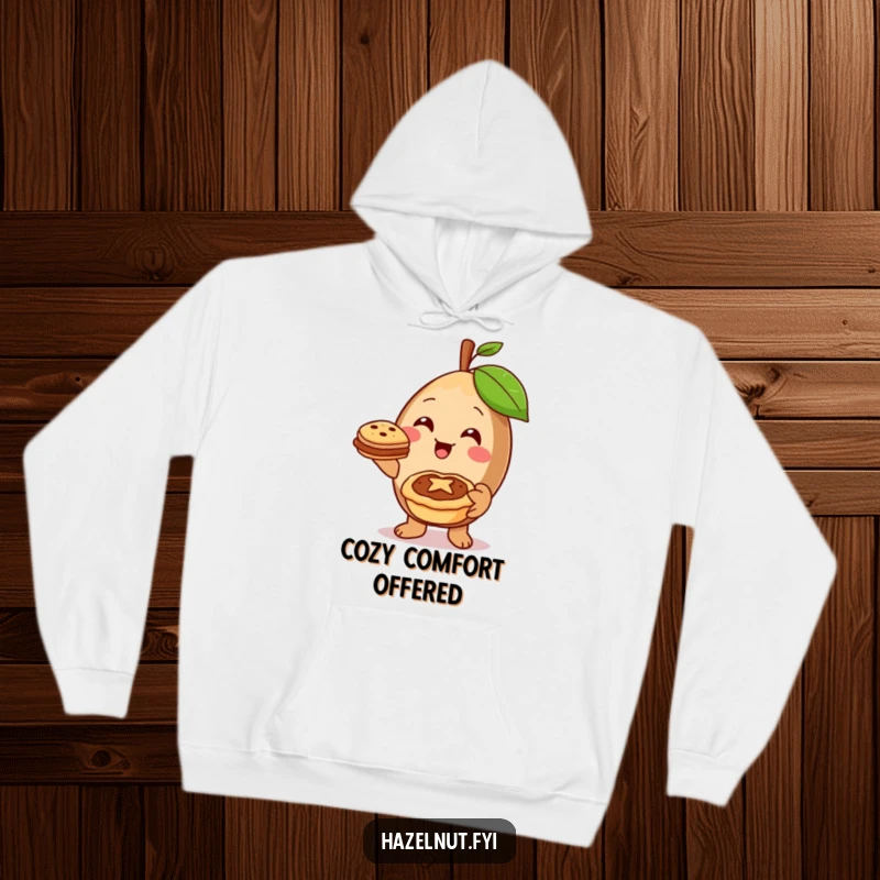 Comfortable and funny hazelnut hoodie featuring a cheerful character offering a miniature pie with a warm smile.
