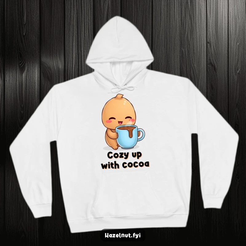 Funny hoodie with a delighted hazelnut winking coyly while holding a tiny, steaming mug of hot chocolate, perfect for cozy days.