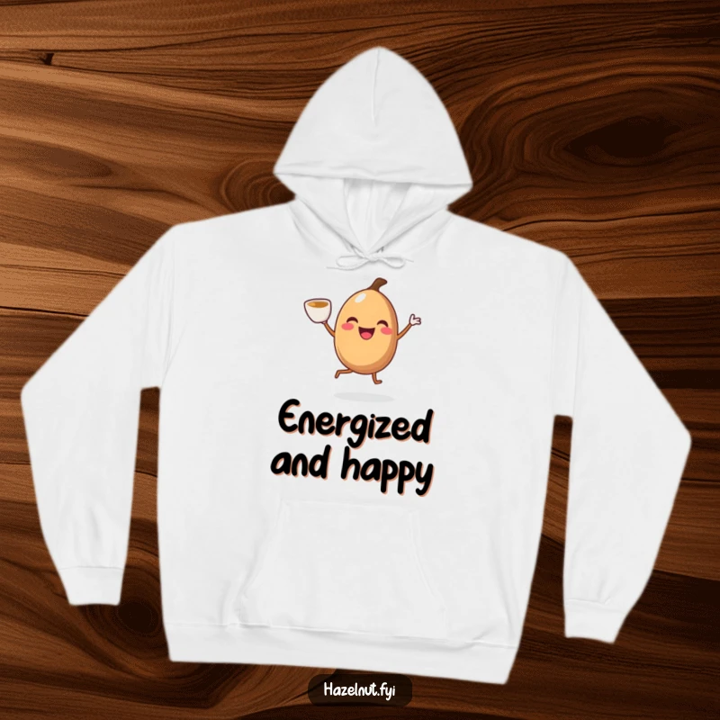 A smiling hazelnut with legs doing a joyful jig while holding a coffee cup, on a cozy hoodie, symbolizing happy mornings.