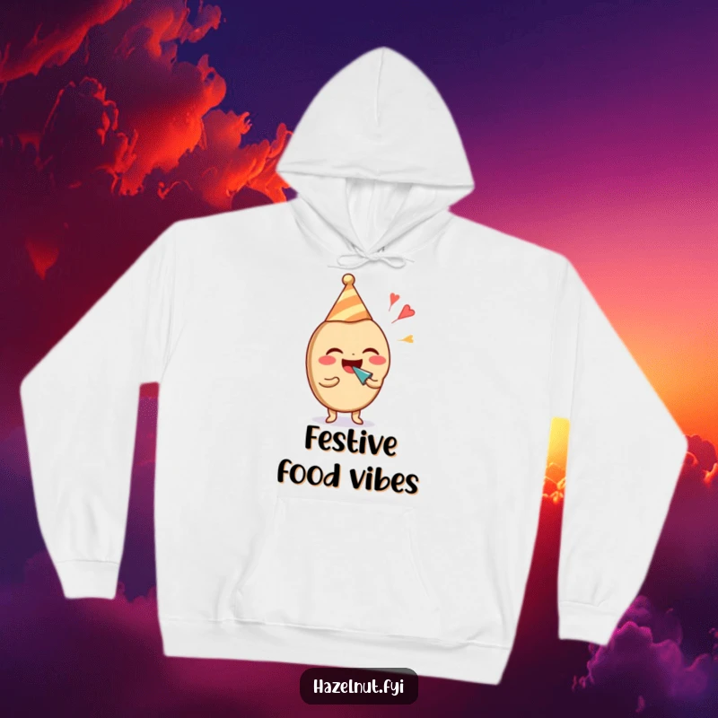 Funny hazelnut character in a party hat, laughing and blowing a noisemaker, featured on a cozy hoodie. Great funny gift.