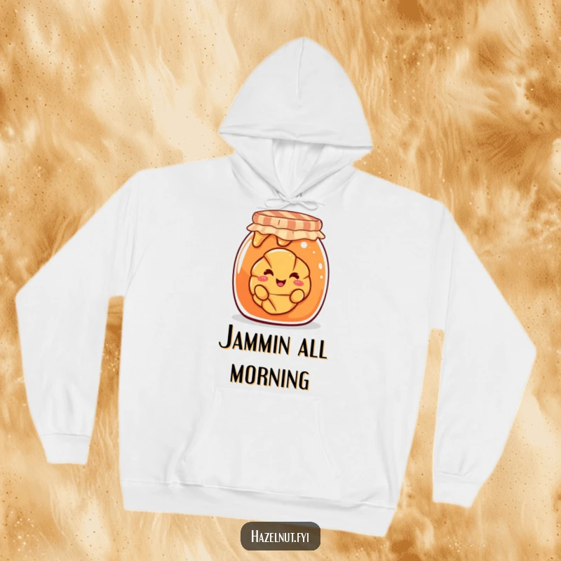 Funny hoodie depicting a happy croissant playfully peeking out from a huge jam jar, a cozy and amusing design.