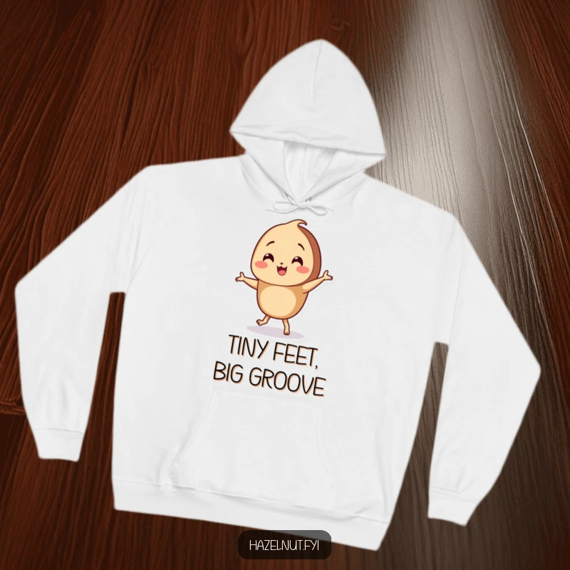 Funny Hazelnut Hoodie with a cheerful character joyfully performing a silly little dance, showcasing its tiny, happy feet.
